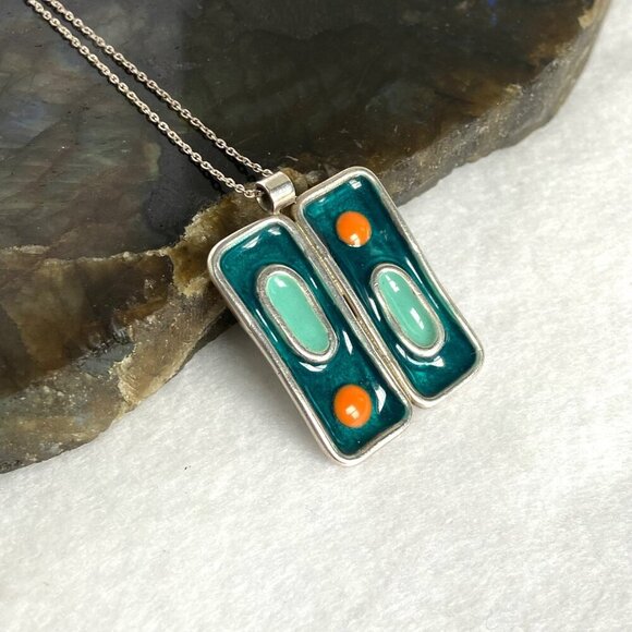 Sterling Silver 925 Modernist Style Enamel Geometric Pendant Necklace 18" Chain - Picture 6 of 16